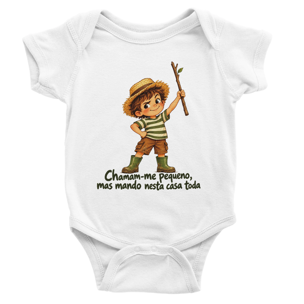 Body de bebé branco com o Reguila da DN Humor e a frase Chamam-me pequeno, mas mando nesta casa toda