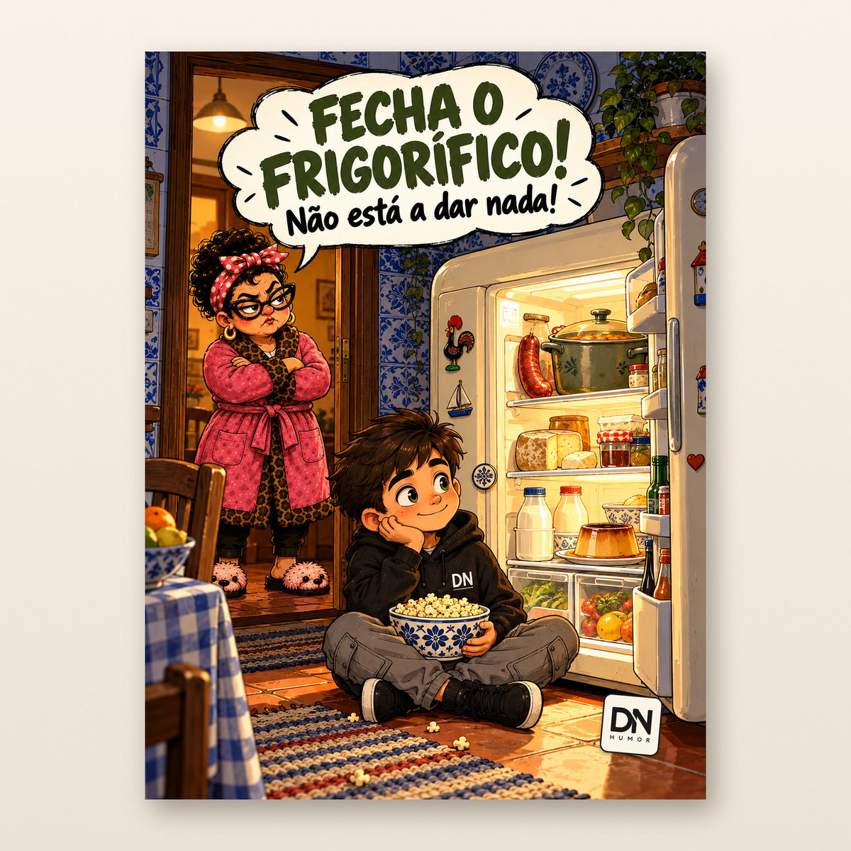 Poster “Fecha o Frigorífico! Não Está a Dar Nada!” com a Dona Nica e o Mais Velho, DN Humor, imagem principal