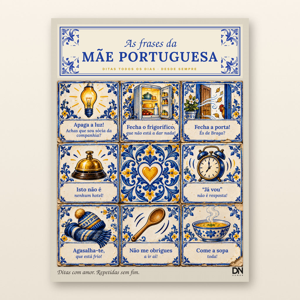 Poster “As Frases da Mãe Portuguesa” com azulejos ilustrados, DN Humor, imagem principal