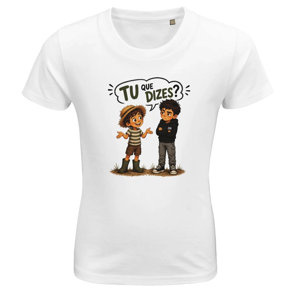 T-shirt infantil “Tu Que Dizes?” em algodão orgânico com o Reguila e o Mais Velho, DN Humor, imagem principal