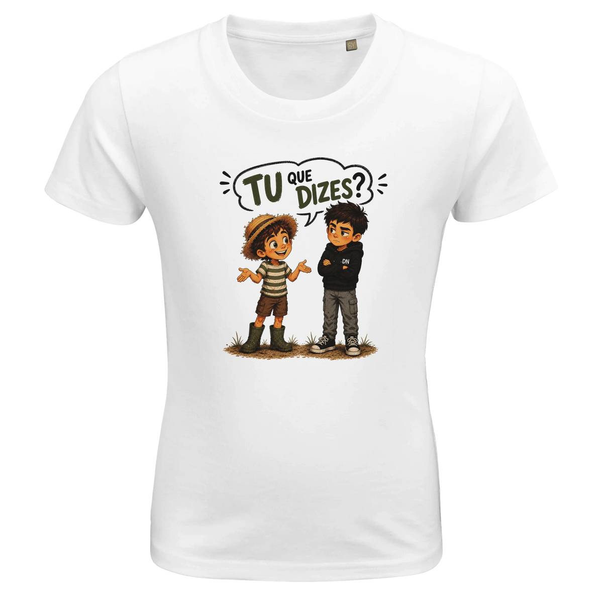 T-shirt infantil “Tu Que Dizes?” em algodão orgânico com o Reguila e o Mais Velho, DN Humor, imagem principal